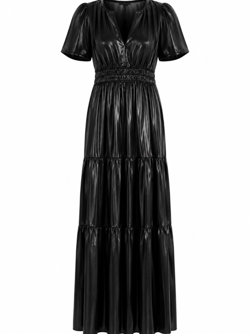 Anthropologie Metallic Black Tiered Maxi Dress XS Smocked Waist Pockets Shiny
